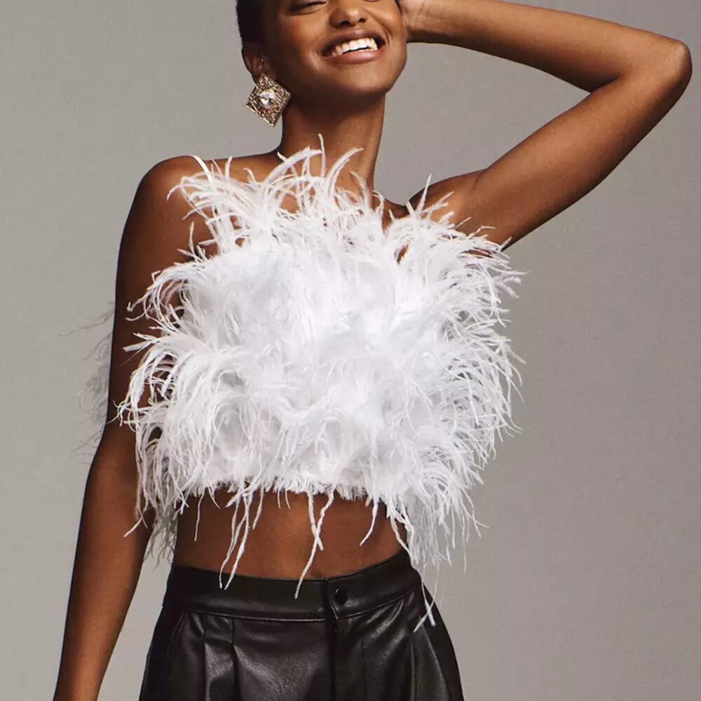 Anthropologie Feather Trimmed Cropped Top x Audrey Adele Sz M, retails $400, NWT